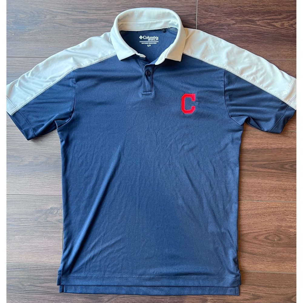 Columbia Golf Mens Small Navy Blue White Colorblock Polo Shirt Cleveland C Logo